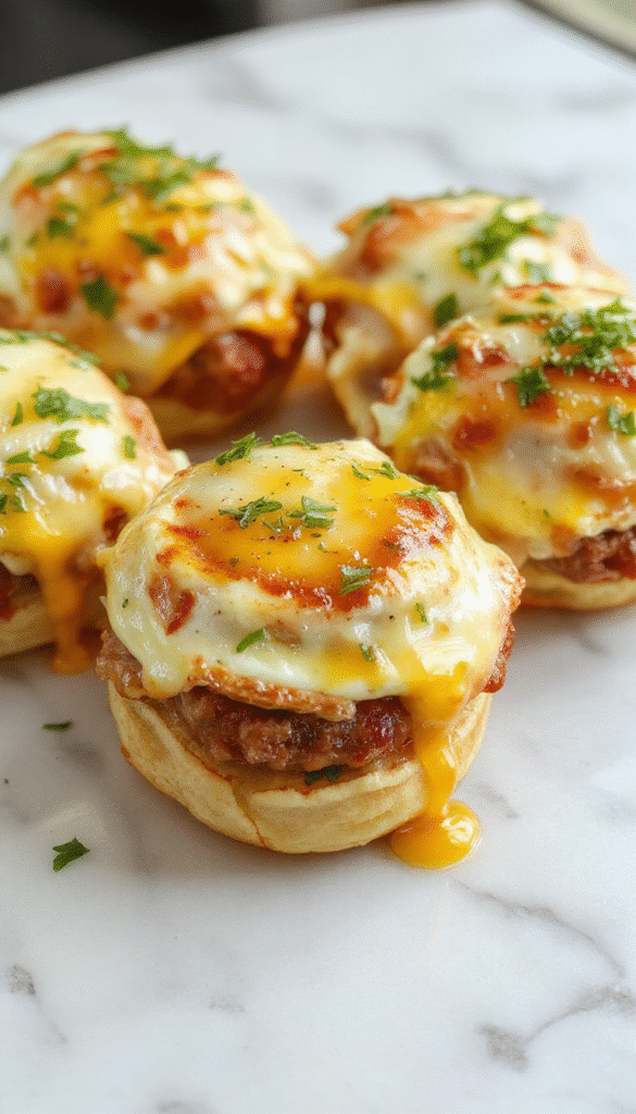 Colorful breakfast roll-ups featuring golden-brown sausage links, fluffy scrambled eggs, and melted cheese wrapped in soft tortillas, arranged on a white plate with fresh herbs garnished on top, with a rustic wooden background.
