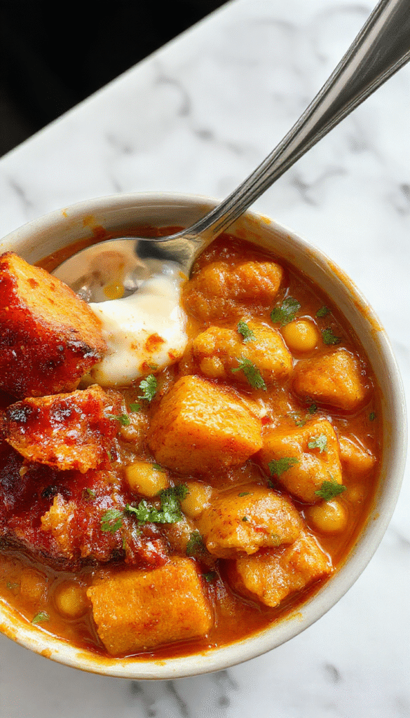 A vibrant bowl of sweet potato and chickpea curry featuring bright orange sweet potatoes and creamy chickpeas in a flavorful, thick, reddish-brown sauce, garnished with fresh cilantro and served with a side of fluffy rice, styled on a rustic wooden table with spoons and a lime wedge adding freshness.