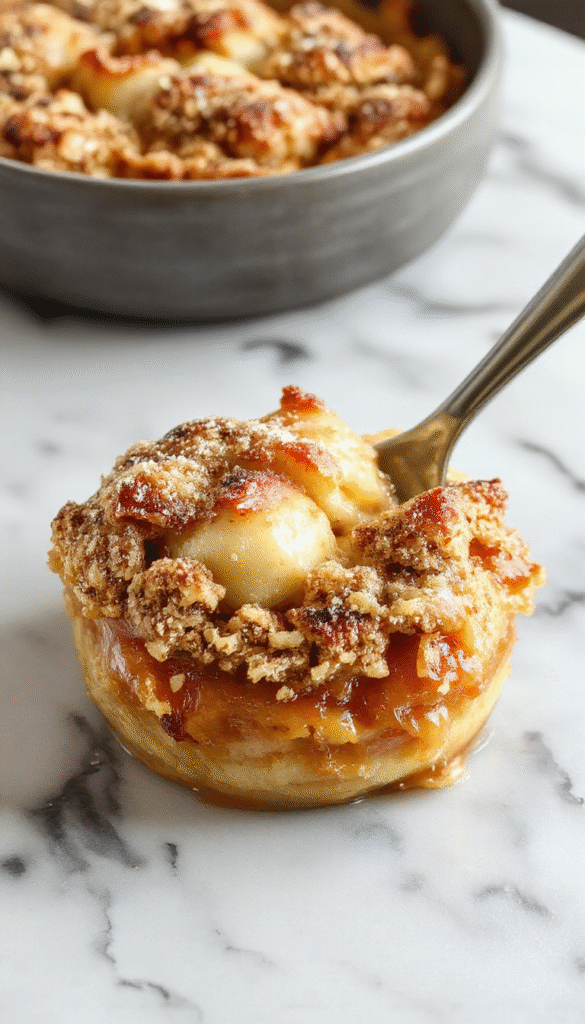 A vibrant apple crisp served in a rustic white bowl, topped with golden, crispy oats and warm cinnamon slices, with caramel drizzled over the juicy apple filling and a scattering of powdered sugar, styled on a wooden table with fresh apples and cinnamon sticks in the background.
