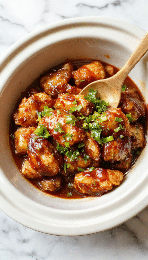 Colorful plated crockpot teriyaki chicken featuring tender shredded chicken coated in glossy, dark teriyaki sauce, garnished with chopped green onions and sesame seeds. The dish is served on a white plate with a background of fresh vegetables and rice, styled simply with a rustic cloth underneath, highlighting the savory and succulent textures.