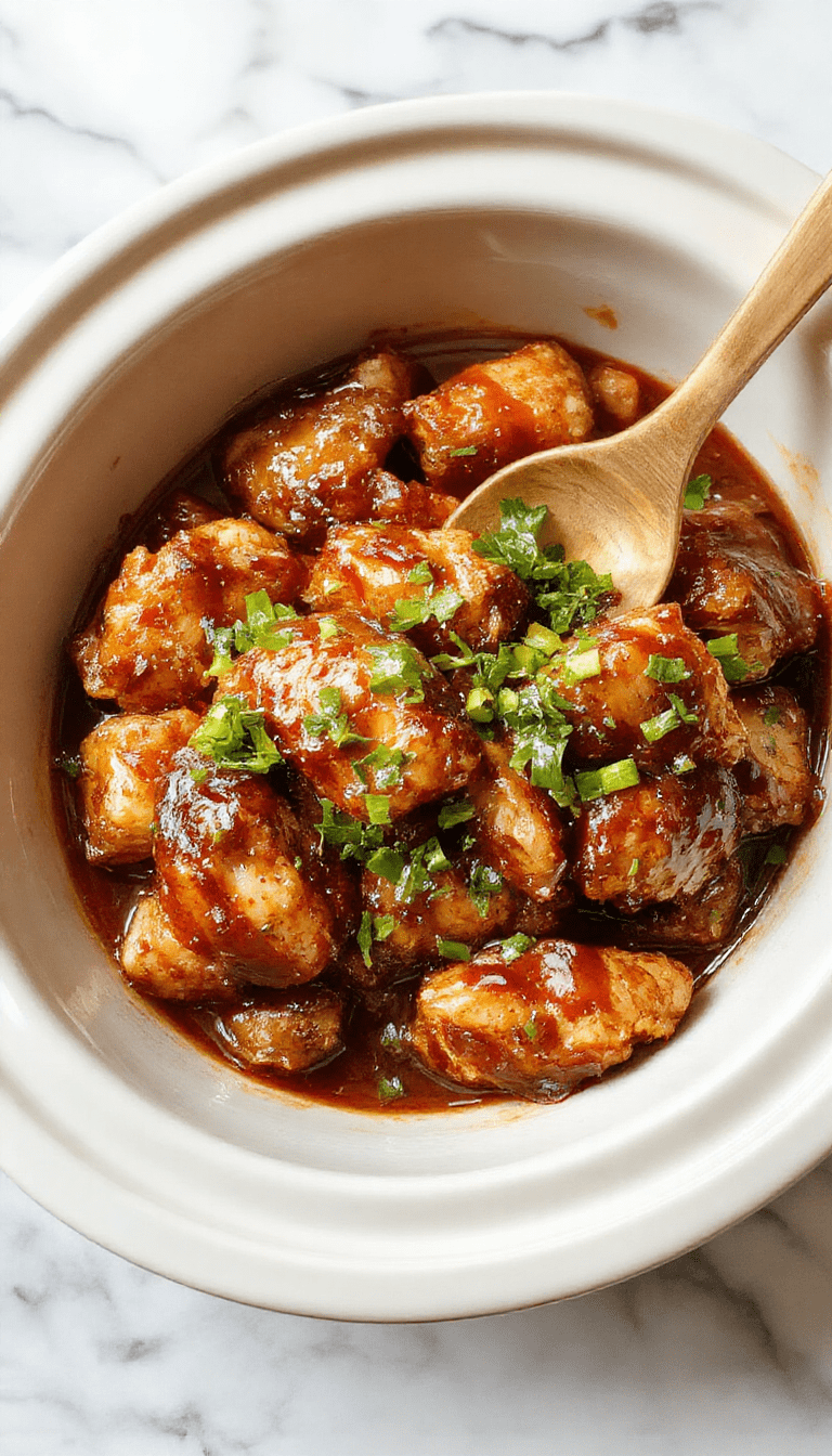 Colorful plated crockpot teriyaki chicken featuring tender shredded chicken coated in glossy, dark teriyaki sauce, garnished with chopped green onions and sesame seeds. The dish is served on a white plate with a background of fresh vegetables and rice, styled simply with a rustic cloth underneath, highlighting the savory and succulent textures.