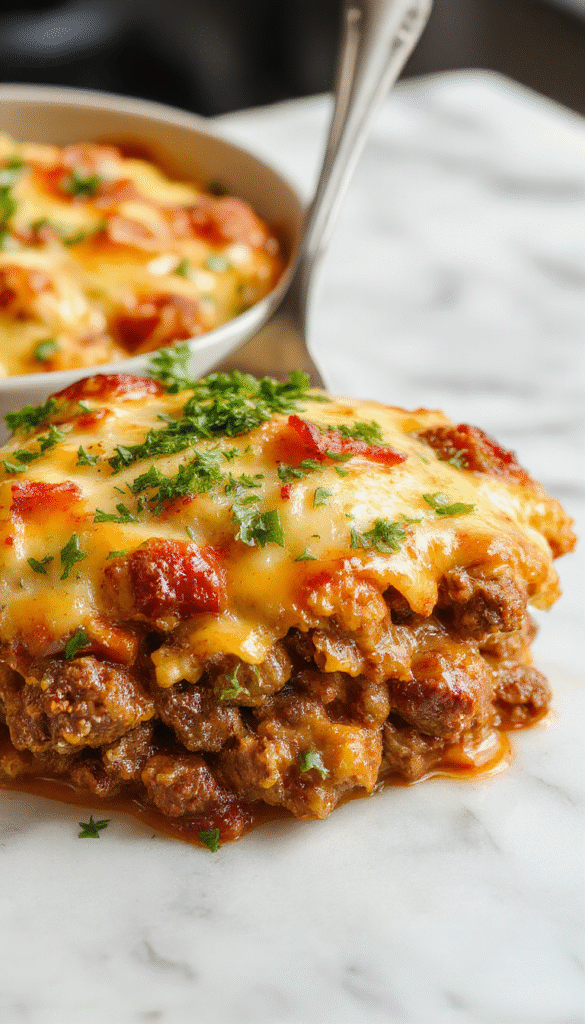 A colorful plate featuring a hearty hobo casserole with ground beef, mixed vegetables, and melted cheese on top, served in a rustic bowl with a fork, garnished with chopped herbs, bright backgrounds highlighting the savory dish textures.