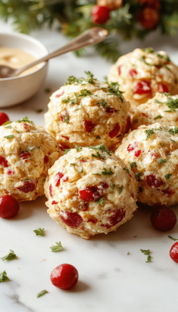 A close-up of golden-brown turkey stuffing balls topped with vibrant red cranberries and fresh herbs on a rustic wooden platter, showcasing their crispy exterior and moist interior, garnished with sprigs of thyme and a side of dipping sauce.