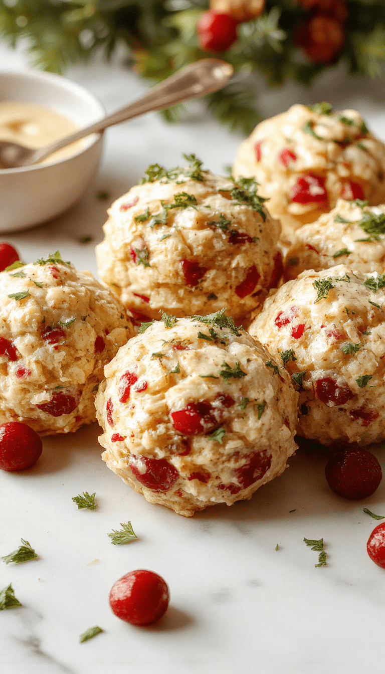 A close-up of golden-brown turkey stuffing balls topped with vibrant red cranberries and fresh herbs on a rustic wooden platter, showcasing their crispy exterior and moist interior, garnished with sprigs of thyme and a side of dipping sauce.