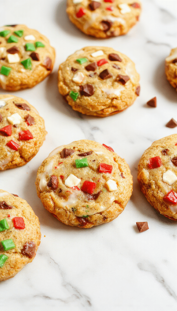 Colorful assortment of holiday cookies beautifully arranged on a rustic wooden platter, featuring sugar cookies with icing, chocolate chip, and decorated with sprinkles, all on a festive red and green background with holiday ornaments.