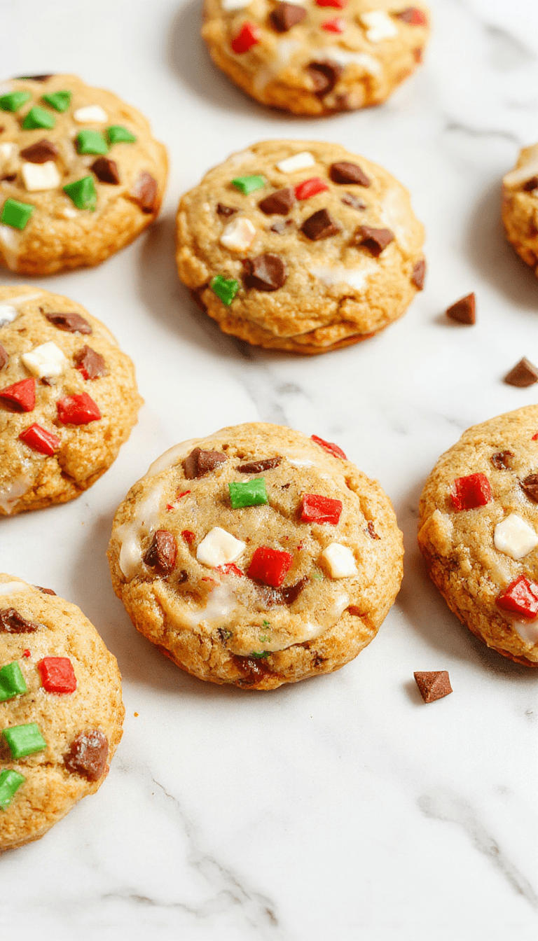 Colorful assortment of holiday cookies beautifully arranged on a rustic wooden platter, featuring sugar cookies with icing, chocolate chip, and decorated with sprinkles, all on a festive red and green background with holiday ornaments.