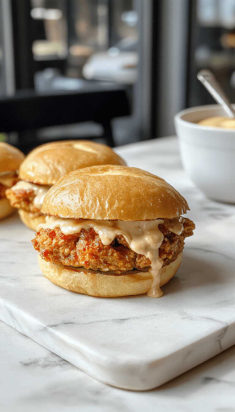 Colorful chicken sliders arranged on a white platter with vibrant sauce drizzled on top, garnished with green herbs, showcasing crispy breaded chicken patties inside soft slider buns, topped with sauce and fresh greens, styled with rustic background and natural lighting.