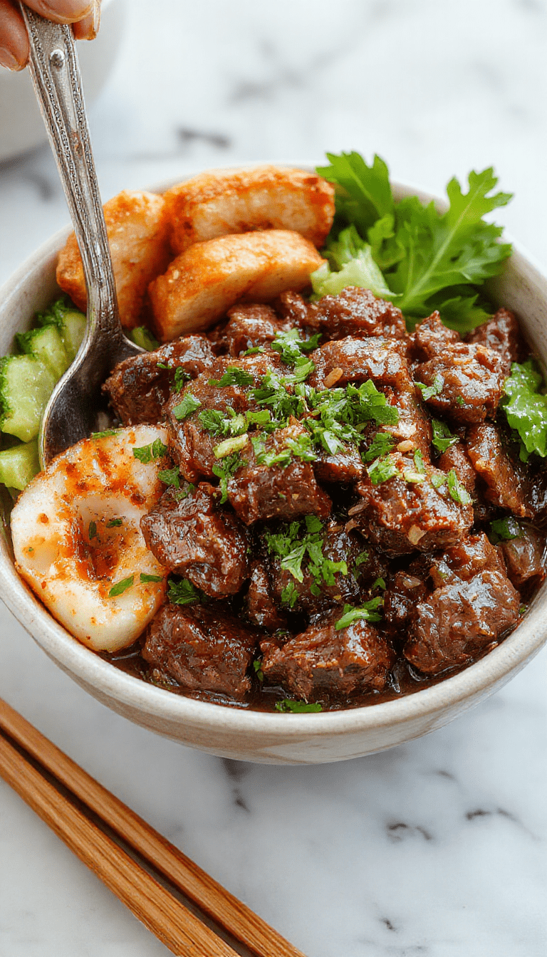 A vibrant Korean Ground Beef Bowl featuring perfectly sautéed ground beef with green onions and sesame seeds, served over fluffy white rice in a white bowl, garnished with chopped scallions and a drizzle of sauce, with a background of colorful vegetables and chopsticks.