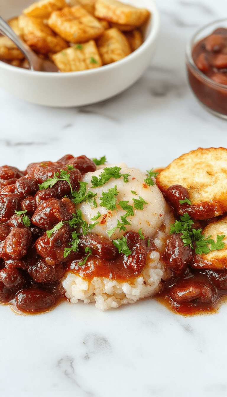 A vibrant bowl of Louisiana red beans and rice featuring rich red beans simmered with spices, served over fluffy white rice, garnished with chopped green onions and a dash of hot sauce, with a colorful backdrop highlighting the hearty, flavorful dish.