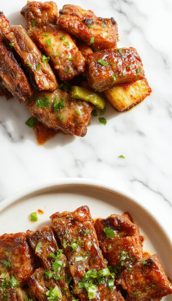 A vibrant plate of pepper steak featuring tender beef slices stir-fried with colorful bell peppers and onions, glazed with a savory sauce, served on a rustic wooden table with green garnish and a side of steamed rice.