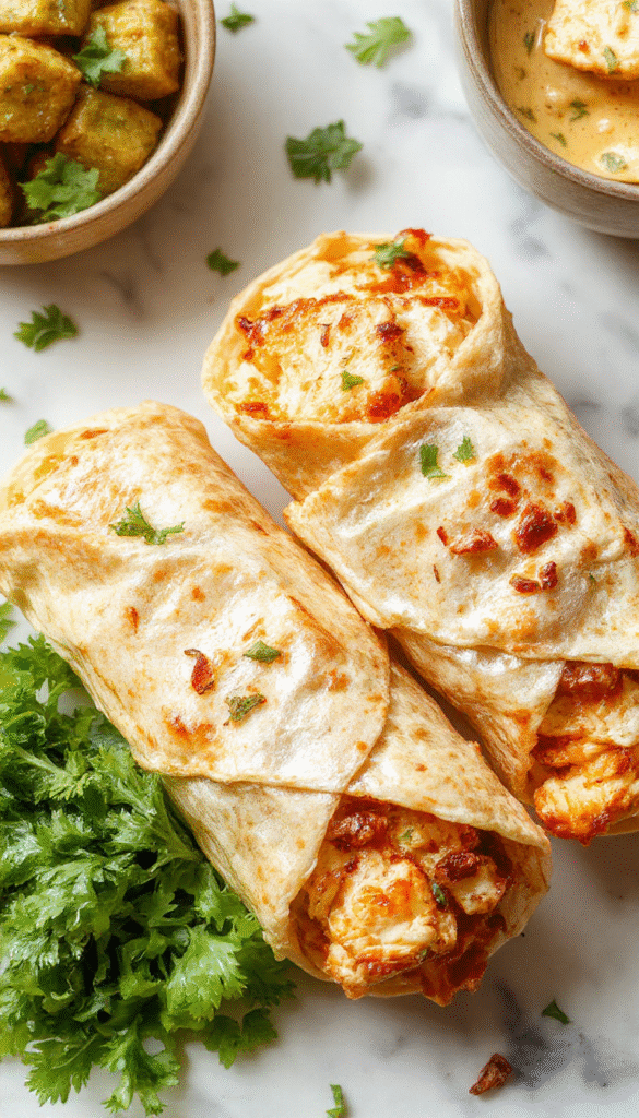 Colorful Thai peanut chicken wraps presenting shredded grilled chicken coated in rich peanut sauce, crisp fresh vegetables layered inside soft tortillas, garnished with chopped peanuts and cilantro for a vibrant, appetizing look.