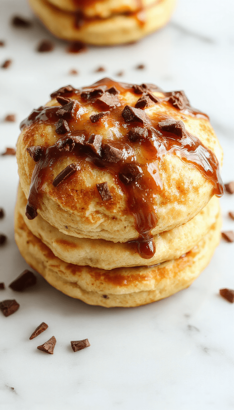 A stack of fluffy Japanese souffle pancakes on a delicate white plate, topped with a drizzle of syrup and fresh berries. The pancakes are golden brown with a light, airy texture, sitting on a pastel-colored table with a cup of coffee beside them. The presentation emphasizes their thickness and cloud-like appearance, styled with natural light highlighting the soft textures and inviting atmosphere.