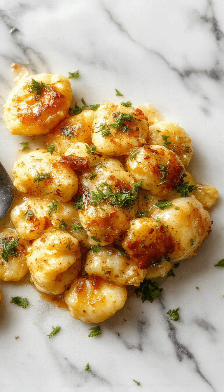 A vibrant skillet showcasing golden-brown chicken pieces nestled among plush, al dente gnocchi coated in a glossy garlic herb sauce, garnished with fresh parsley, with a rustic wooden background and a sprig of garlic on the side