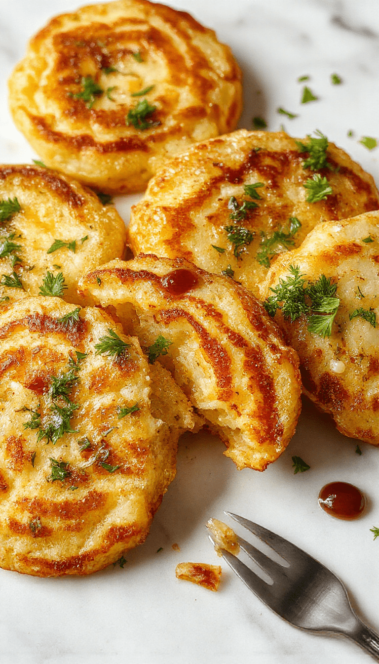 A close-up of golden brown German potato pancakes arranged on a white plate, crispy edges visible, garnished with fresh parsley, with a rustic wooden background.
