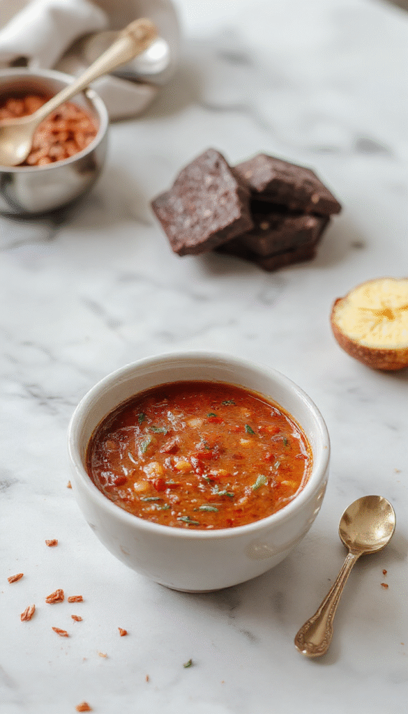 A vibrant bowl of red lentil soup garnished with fresh herbs and lemon slices, showcasing a rich orange-red color, served on a rustic wooden table with a spoon, emphasizing the dish's smooth texture and flavorful presentation.