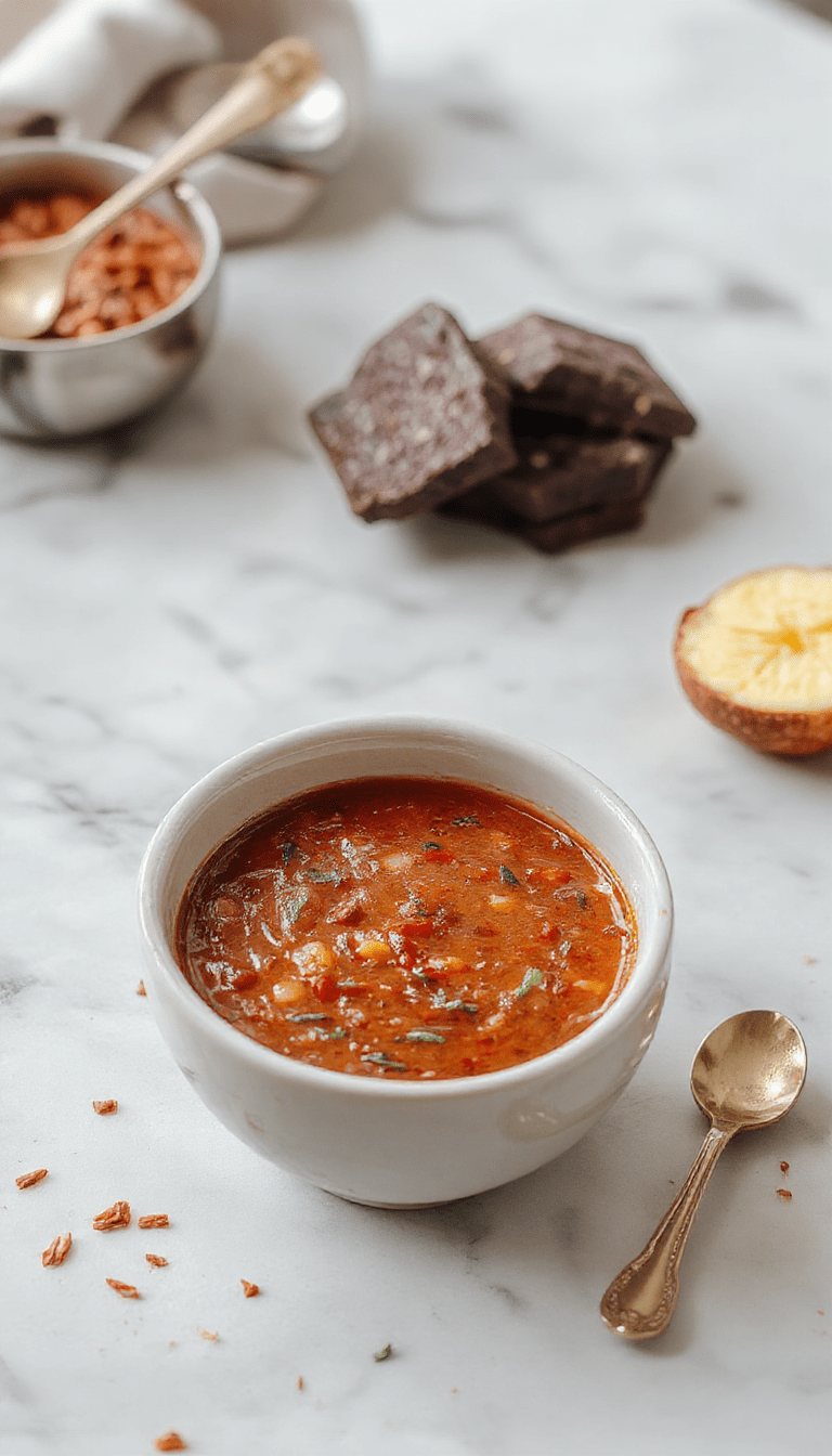 A vibrant bowl of red lentil soup garnished with fresh herbs and lemon slices, showcasing a rich orange-red color, served on a rustic wooden table with a spoon, emphasizing the dish's smooth texture and flavorful presentation.