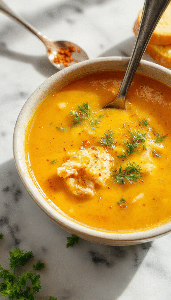 A vibrant bowl of golden turmeric chicken soup garnished with fresh herbs and lemon slices, steam rising, displayed on a rustic wooden table with colorful vegetables in the background.