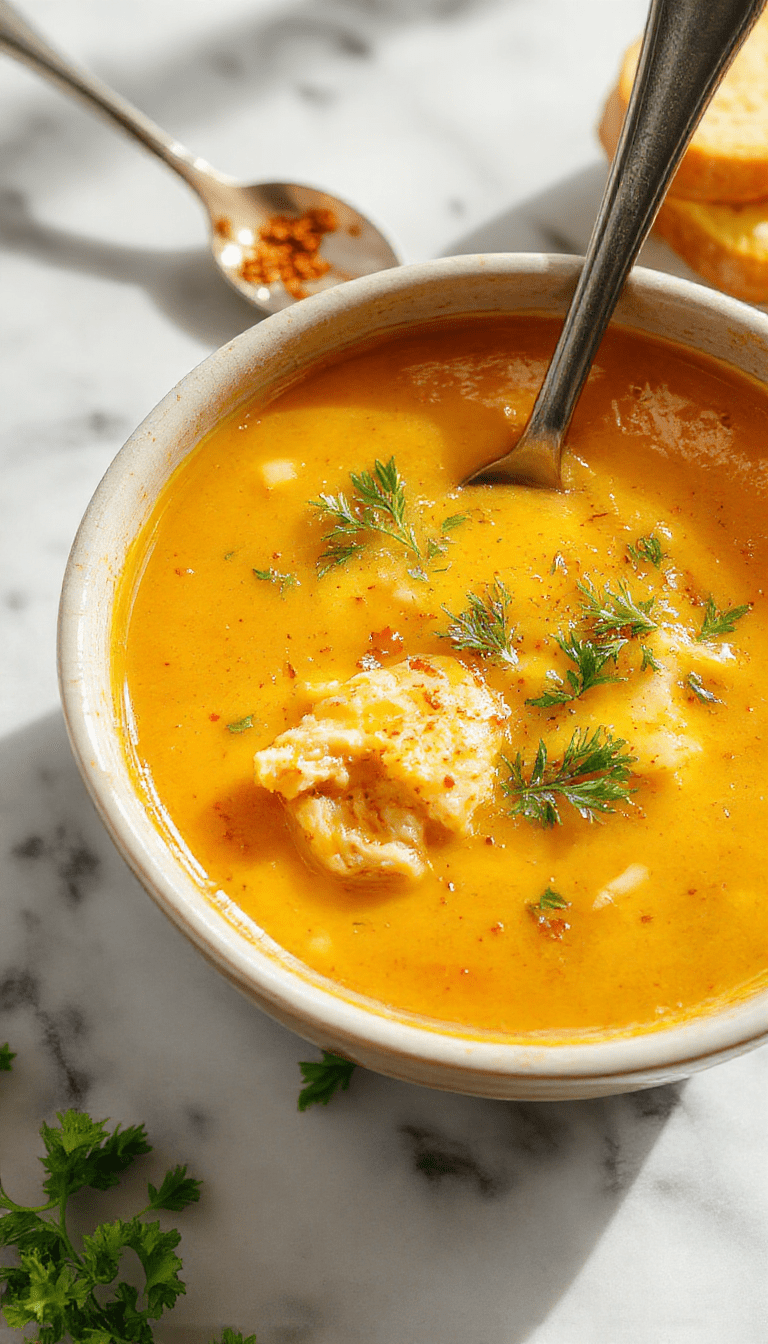 A vibrant bowl of golden turmeric chicken soup garnished with fresh herbs and lemon slices, steam rising, displayed on a rustic wooden table with colorful vegetables in the background.