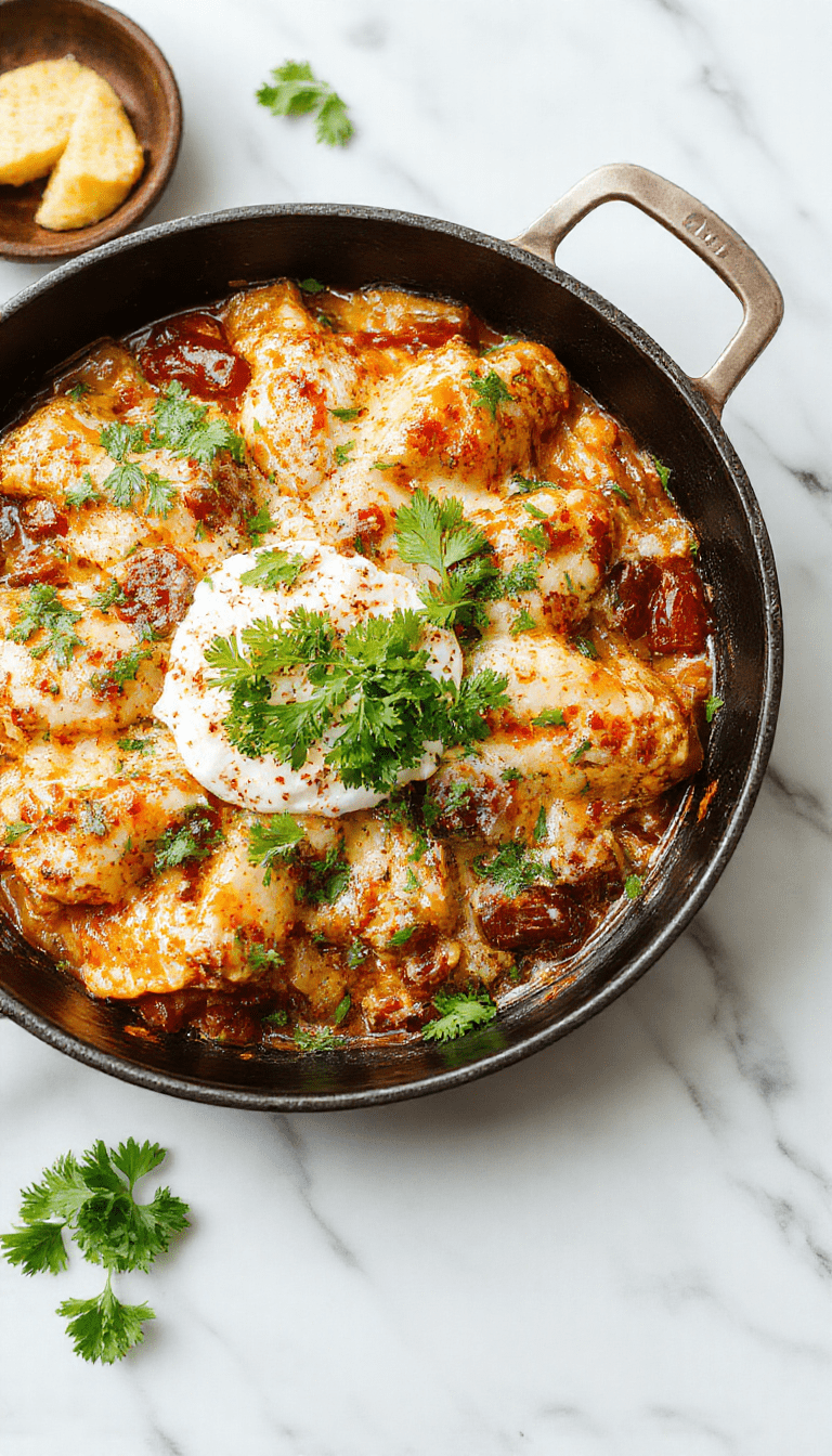 Colorful healthy enchilada skillet shown from above, featuring a vibrant red tomato sauce with melted cheese, garnished with fresh cilantro and sliced jalapenos, served in a rustic skillet, highlighting textures of tender chicken, gooey cheese, and fresh herbs.
