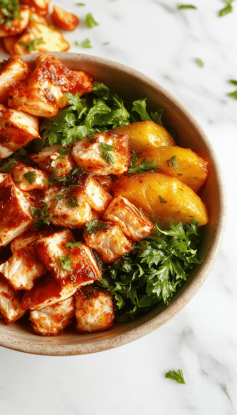 Colorful Greek chicken bowls displayed on a white plate with grilled chicken, cherry tomatoes, cucumber slices, red onion, kalamata olives, and feta cheese drizzled with tzatziki sauce, styled with fresh herbs and lemon wedges, highlighting vibrant colors and textures.