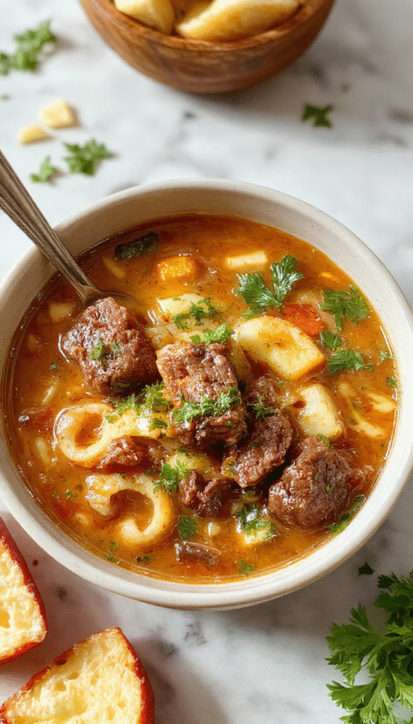 A steaming bowl of beef noodle soup featuring tender beef slices, vibrant green herbs, and thick noodles in a clear aromatic broth, garnished with fresh scallions and cracked black pepper, set against a rustic wooden table with a spoon resting nearby.