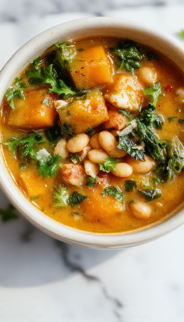 A vibrant bowl of butternut squash, kale, and white bean soup garnished with fresh herbs. The soup has a smooth, creamy texture with bright orange and green colors contrasting beautifully. The bowl sits on a rustic wooden table with a spoon and fresh ingredients in the background, evoking warmth and comfort.