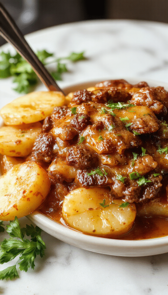 A rustic white bowl filled with cheesy beef and potatoes, garnished with chopped green herbs, set on a wooden table with steam rising, showcasing golden-brown potatoes and tender beef chunks topped with melted cheese.