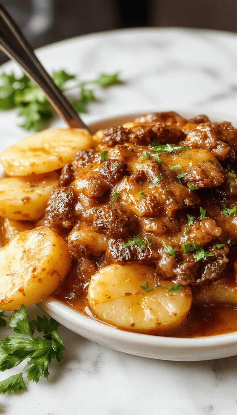 A rustic white bowl filled with cheesy beef and potatoes, garnished with chopped green herbs, set on a wooden table with steam rising, showcasing golden-brown potatoes and tender beef chunks topped with melted cheese.