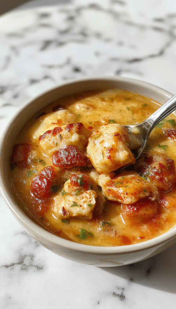 A steaming bowl of chicken pot pie soup garnished with chopped parsley, showing tender chunks of chicken, golden flaky crust bits, carrots, peas, and a creamy broth, all presented in a rustic white bowl on a wooden table with fresh herbs and a bread roll beside it.