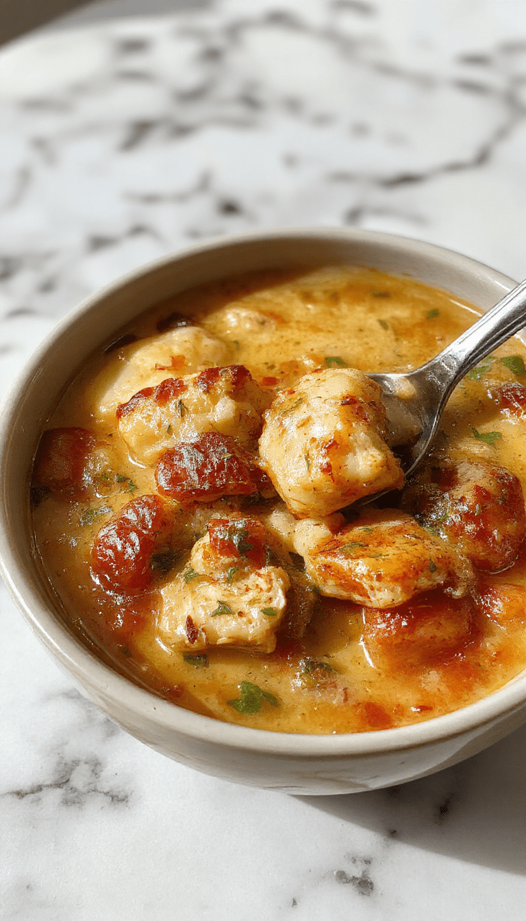 A steaming bowl of chicken pot pie soup garnished with chopped parsley, showing tender chunks of chicken, golden flaky crust bits, carrots, peas, and a creamy broth, all presented in a rustic white bowl on a wooden table with fresh herbs and a bread roll beside it.