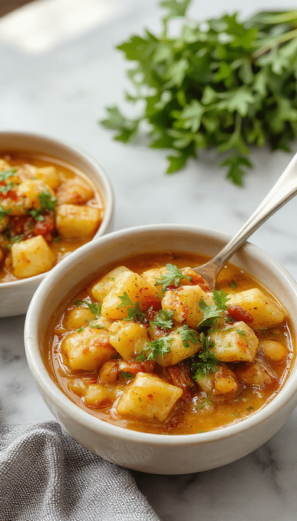Bright bowl of chickpea and potato curry featuring vibrant orange potatoes and creamy chickpeas, garnished with fresh cilantro, served in a rustic white bowl with a spoon, highlighting the rich, thick sauce and colorful spices on a wooden table