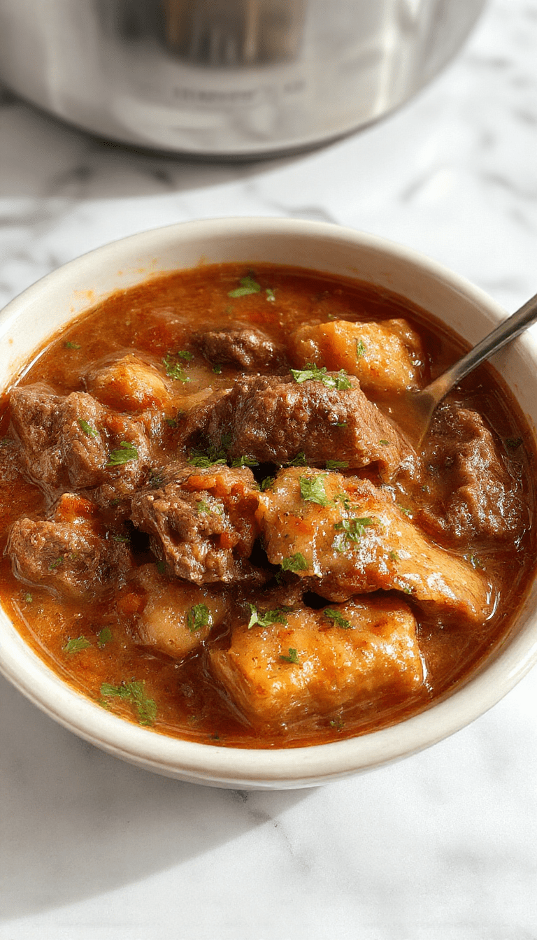 A rustic bowl of hearty beef stew with tender chunks of beef, carrots, potatoes, and celery in a rich brown gravy, garnished with fresh herbs, placed on a wooden table with a warm, cozy atmosphere.