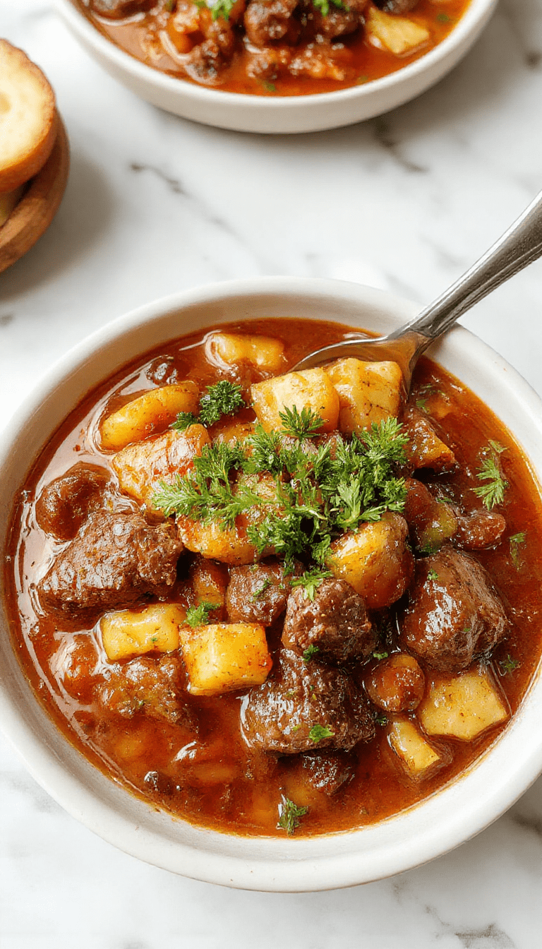 A rustic bowl filled with hearty cowboy stew featuring tender chunks of beef, colorful diced vegetables, and rich gravy, garnished with fresh herbs on a wooden table with rustic background