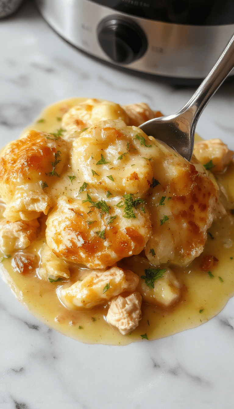 A warm, golden-brown chicken pot pie in a rustic baking dish, topped with flaky, buttery crust. Inside visible chunks of tender chicken, carrots, peas, and potatoes in a creamy sauce. The pie is sliced open, revealing the delicious filling, with steam rising and a crisp crust while garnished with fresh herbs on a cozy kitchen countertop.