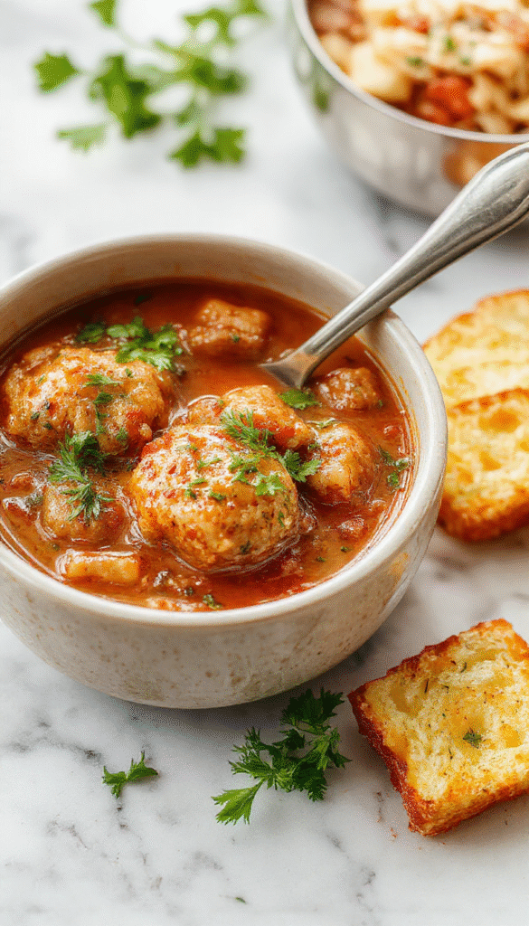 A vibrant bowl of Italian meatball soup showcasing round meatballs floating in a rich tomato broth, garnished with fresh basil and melted cheese, with crusty bread on the side, colorful herbs, and a rustic wooden background.