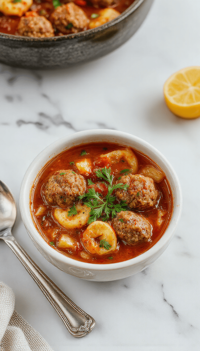 Colorful bowl of hearty Italian meatball tortellini soup featuring plump meatballs, tender tortellini, fresh spinach, and a rich tomato broth, garnished with grated cheese and herbs, styled with a rustic wooden background.