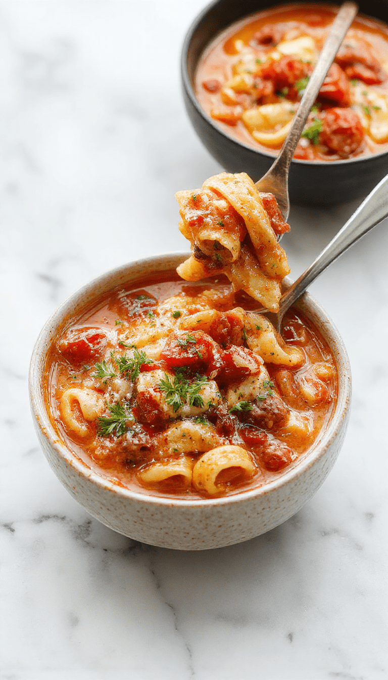 A vibrant bowl of Italian Pasta Fagioli Soup featuring a rich, tomato-based broth filled with tender pasta, creamy beans, and chopped fresh herbs. The soup is garnished with a sprinkle of grated parmesan cheese and fresh parsley, styled in a rustic bowl on a wooden table with a spoon beside it. The colors are warm and inviting, showcasing the hearty textures of the ingredients.