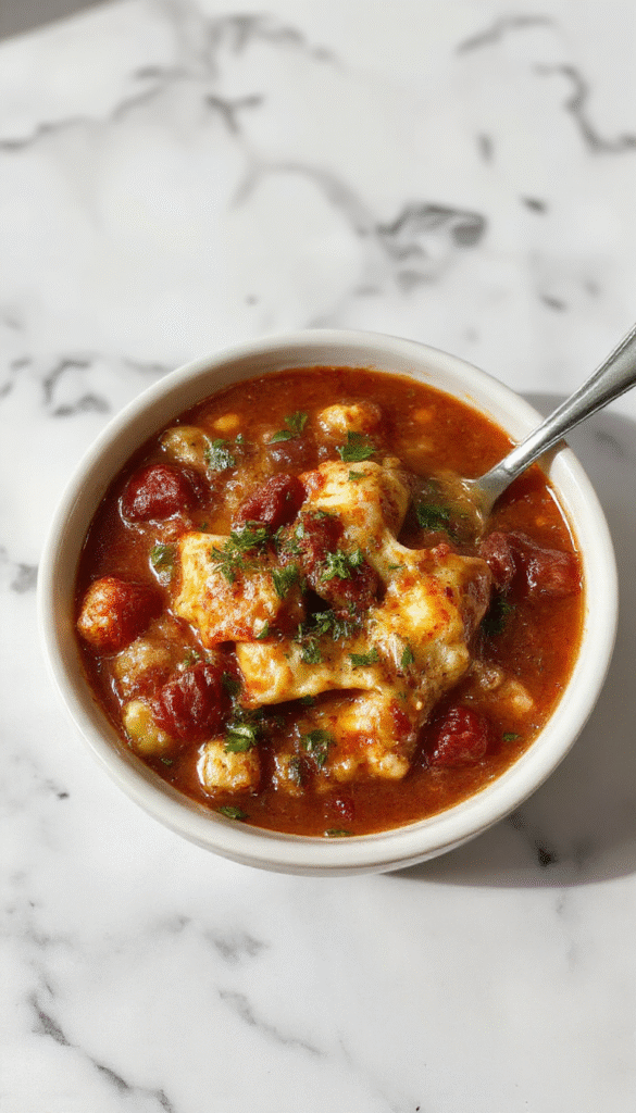 A vibrant bowl of lasagna soup featuring layers of melted cheese, rich tomato broth, pasta, and ground meat garnished with fresh basil on a rustic wooden table