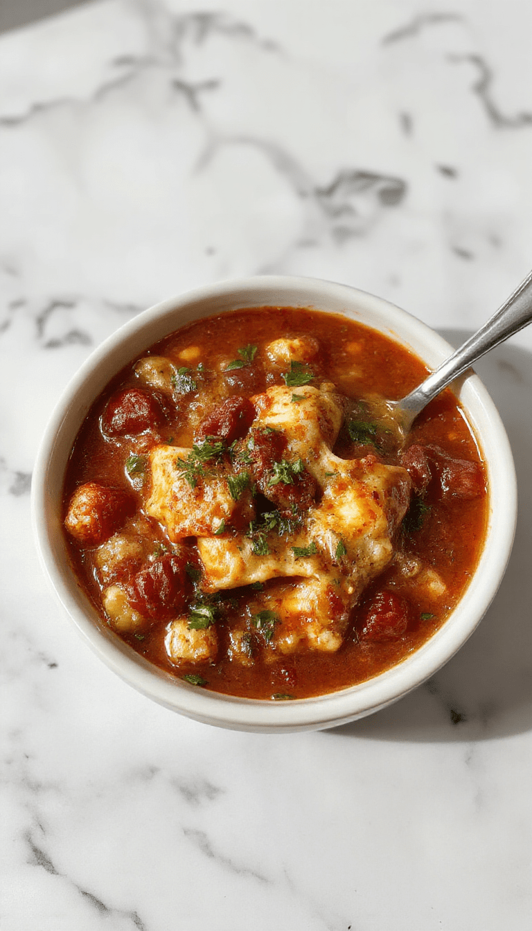 A vibrant bowl of lasagna soup featuring layers of melted cheese, rich tomato broth, pasta, and ground meat garnished with fresh basil on a rustic wooden table