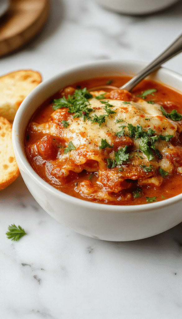 A steaming bowl of lasagna soup featuring layered ingredients topped with melted cheese, fresh basil, and a sprinkle of oregano. The vibrant tomato broth surrounds tender pasta, browned ground meat, and gooey cheese, all beautifully arranged on a rustic wooden table with a spoon resting beside the bowl.