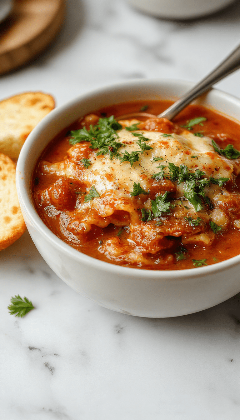 A steaming bowl of lasagna soup featuring layered ingredients topped with melted cheese, fresh basil, and a sprinkle of oregano. The vibrant tomato broth surrounds tender pasta, browned ground meat, and gooey cheese, all beautifully arranged on a rustic wooden table with a spoon resting beside the bowl.