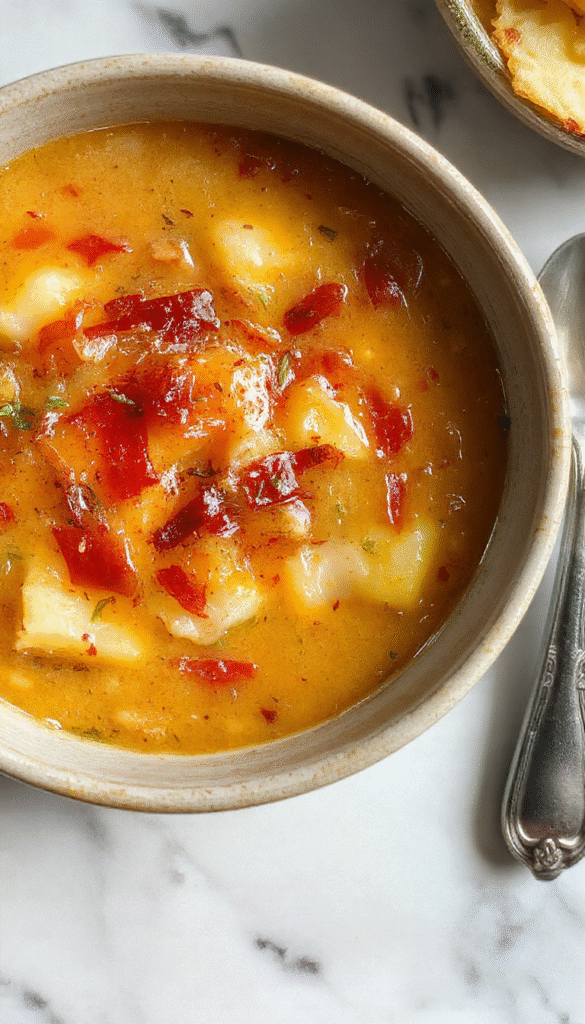 A vibrant bowl of hearty lentil and potato soup showcasing golden-brown potatoes, green lentils, and fresh herbs on a rustic wooden table, steam rising, with a loaf of crusty bread in the background.