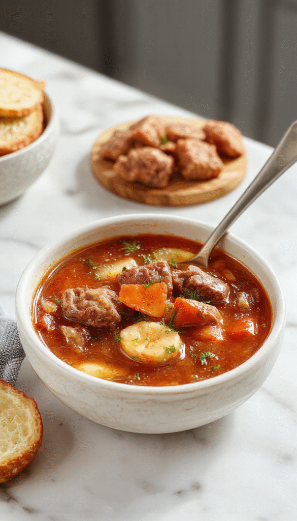 A bowl of steaming old fashioned vegetable beef soup with tender chunks of beef, vibrant carrots, celery, potatoes, and green beans, garnished with fresh herbs, served in a rustic white bowl on a wooden table with a spoon beside it, showcasing rich broth textures and colorful vegetables.
