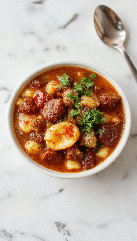 A vibrant bowl of sausage and tortellini soup featuring plump tortellini, chunks of sausage, fresh spinach, and diced tomatoes in a rich broth, garnished with grated cheese and parsley, placed on a rustic wooden table with bread slices on the side