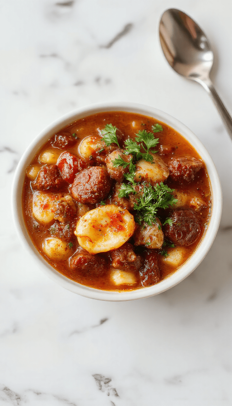 A vibrant bowl of sausage and tortellini soup featuring plump tortellini, chunks of sausage, fresh spinach, and diced tomatoes in a rich broth, garnished with grated cheese and parsley, placed on a rustic wooden table with bread slices on the side