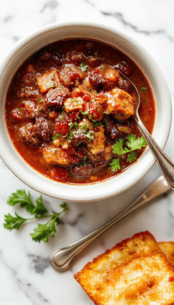 A steaming bowl of hearty beef chili topped with shredded cheese, fresh cilantro, and diced onions. The chili has a rich, thick texture with tender chunks of beef, red kidney beans, and a vibrant red color. The bowl is set on a rustic wooden table with a spoon and a side of crusty bread, evoking a warm, comforting meal perfect for cozy evenings.