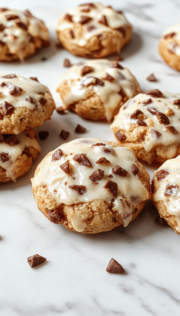A close-up of freshly baked Samoa cookies arranged on a rustic wooden platter. The cookies are golden-brown with toasted coconut and caramel drizzle on top, with a sticky caramel layer visible beneath the toasted coconut. The background is softly blurred with hints of a baking scene, highlighting the cookies' crispy edges and gooey caramel texture.