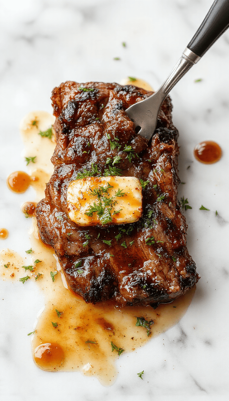 A perfectly cooked medium-rare steak with a caramelized, golden-brown crust, drizzled with a glossy buttery sauce. The steak is plated on a rustic wooden board, garnished with fresh herbs, and accompanied by a side of roasted vegetables and crispy potatoes, with steam gently rising, highlighting the juicy, tender interior and rich, flavorful sauce.