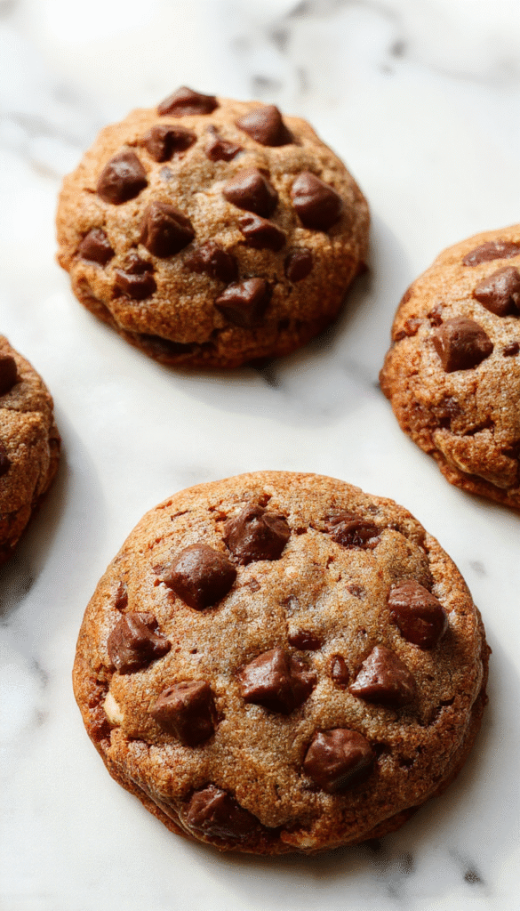 A close-up of warm, freshly baked chewy chocolate chip cookies stacked on a rustic wooden plate, gooey chocolate chunks visible, with a few cookies breaking apart to show soft texture, sprinkled with sea salt, set against a cozy kitchen background with natural lighting.