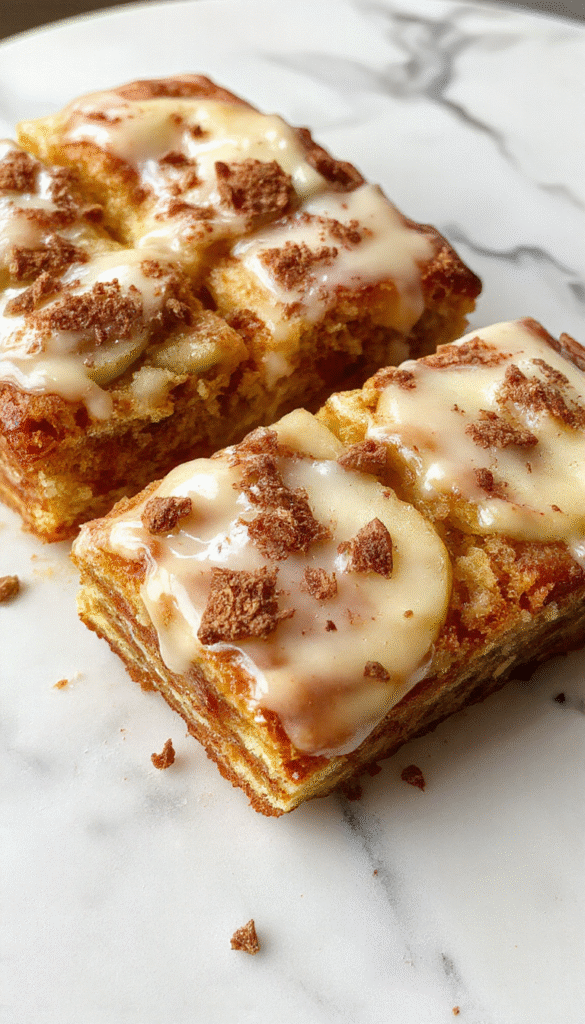 A freshly baked cinnamon apple cake sliced to reveal moist interior with apple chunks and cinnamon swirls, garnished with a dusting of powdered sugar, set on a rustic wooden table with caramel drizzles and a cinnamon stick for decoration, warm golden hues and inviting textures.